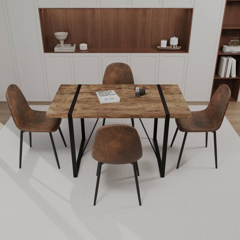 Modern Style 5-Piece Dining Set with Rectangular MDF Dark Wood Table and 4 Round Corner Suede Dining Chairs