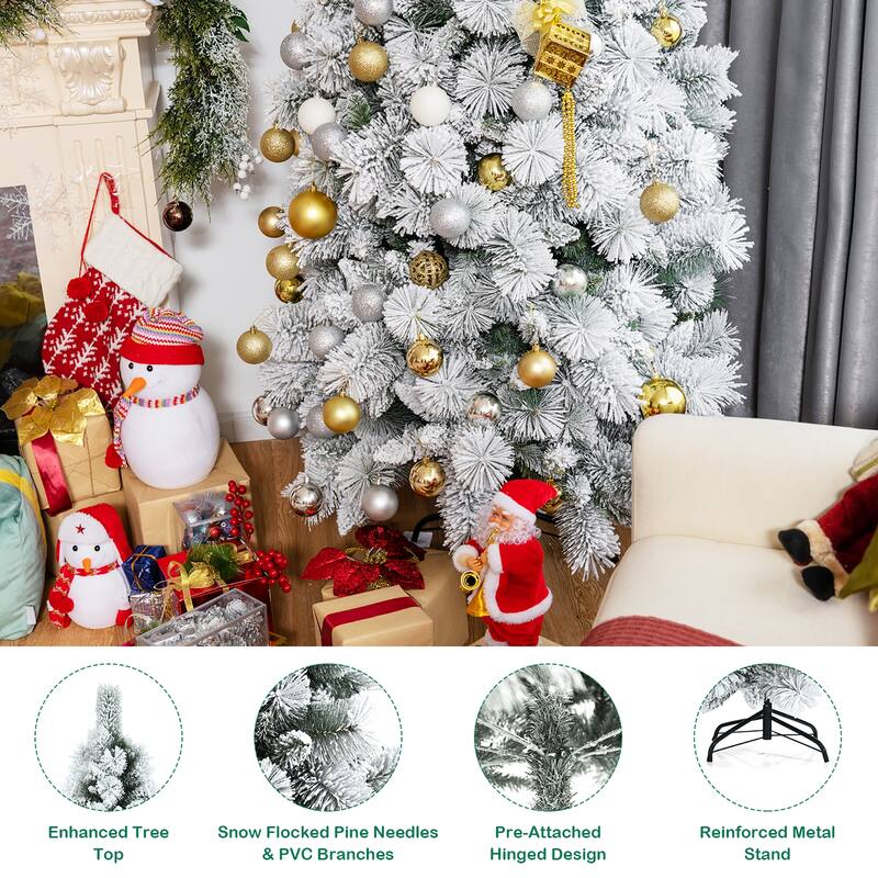 Costway 5ft/6ft/7ft Snow Flocked Hinged Artificial Slim Christmas Tree