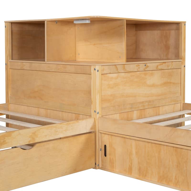 Twin Size L-shaped Bed Frame with Trundle Bed and Storage Cabinets, Desk, Lighting, Corner Platform Storage Bed Frame