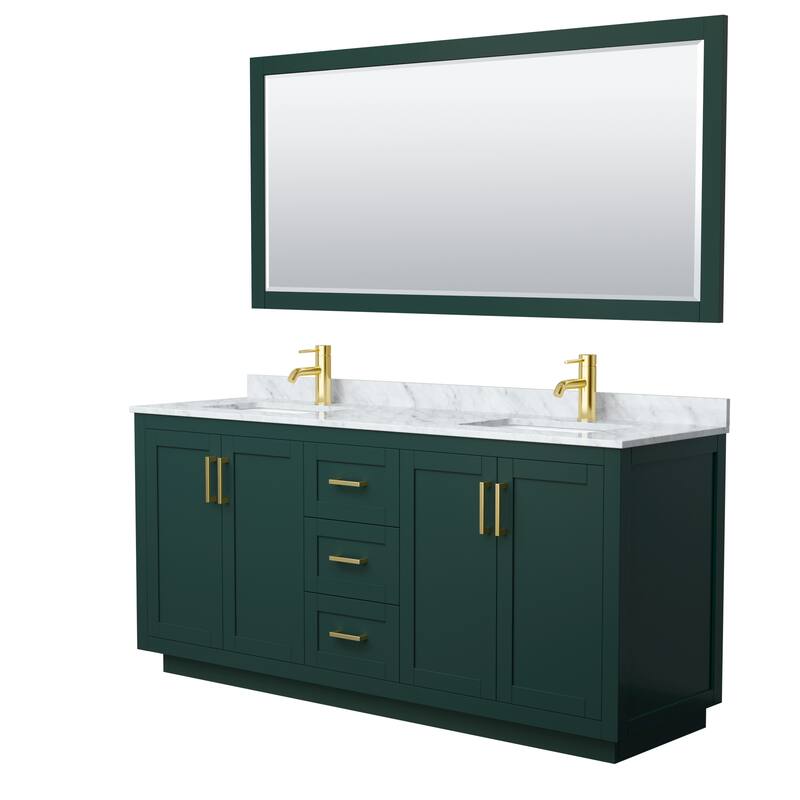 Miranda Double Vanity Set, White Carrara Marble Top, 70-Inch Mirror - 72-Inch Double - Green, Gold Trim, White Carrara Marble Top