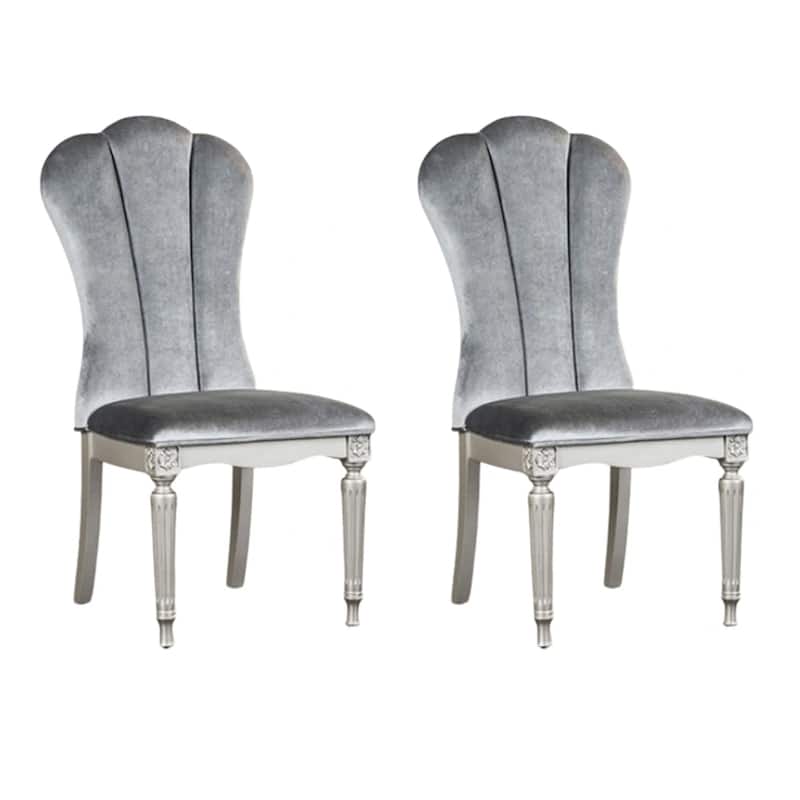 Hixe Side Dining Chair Set of 2, Silver Wood, Gray Fabric Cushioned Seats