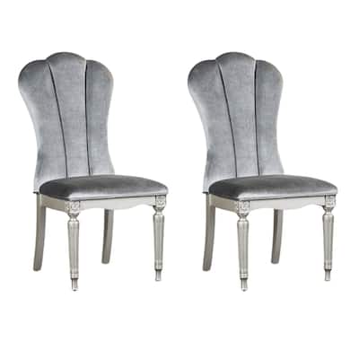 Hixe Side Dining Chair Set of 2, Silver Wood, Gray Fabric Cushioned Seats