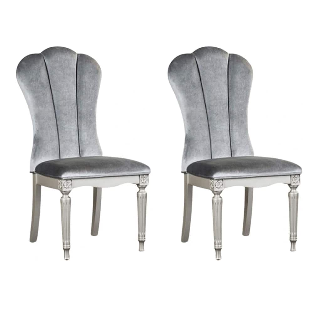 Hixe Side Dining Chair Set of 2, Silver Wood, Gray Fabric Cushioned Seats