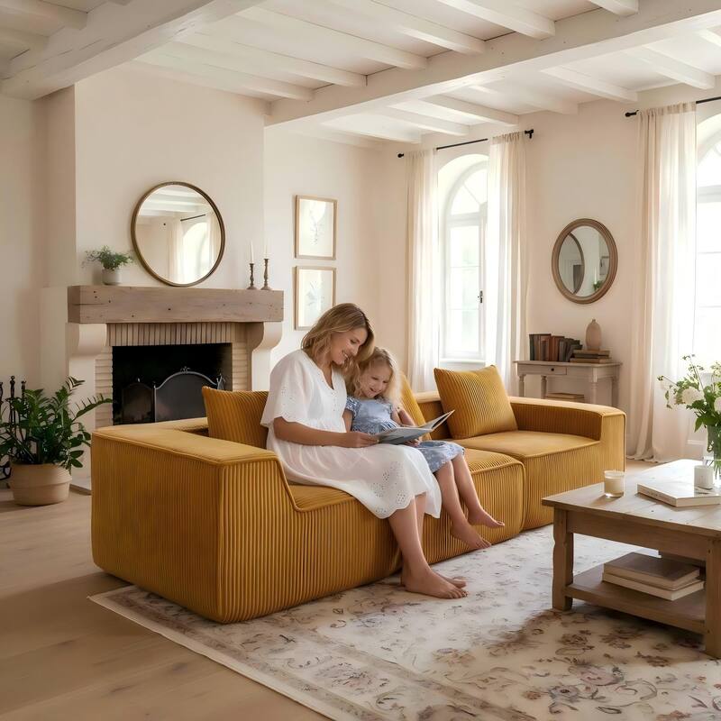 Modular Sectional Sofa with Pillows, Corduroy Upholstered 3-Seater Sofa, All-Compressed Foam Sofa for Living Room, Apartment