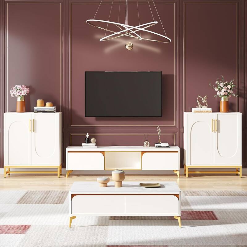 Modern Sideboard Buffet Cabinet with Faux Marble Top, 4-Door Storage with Adjustable Shelves for Kitchen Dining Room