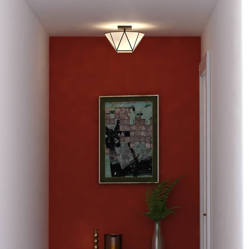 Burnett 2-Light Mid-Century Modern Semi Flush Mount Lighting Ceiling Fixture, White Tiffany Glass Shade for Entryway