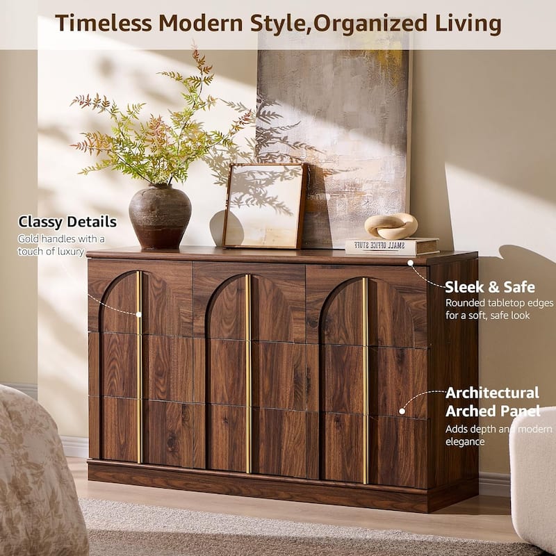 Modern Arched 9 Drawers Dresser, Wood Chest of Drawers for Living Room