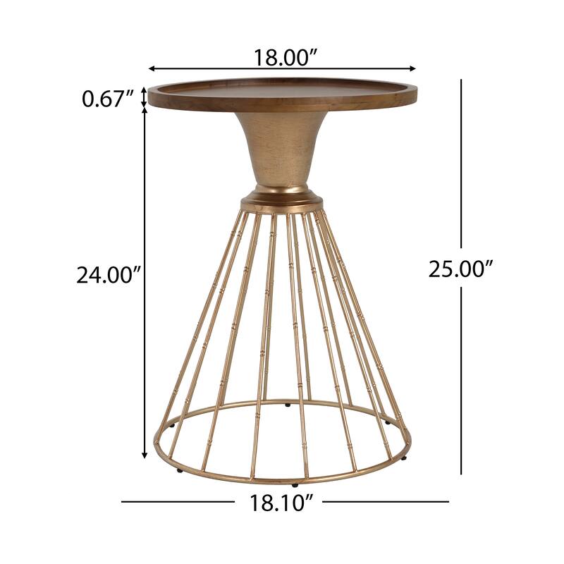 Roomfitters Round Side Table with Gold Wire Metal Base, Tray-Style Wood Top, Elegant Accent Table for Living Room, Antique Gold