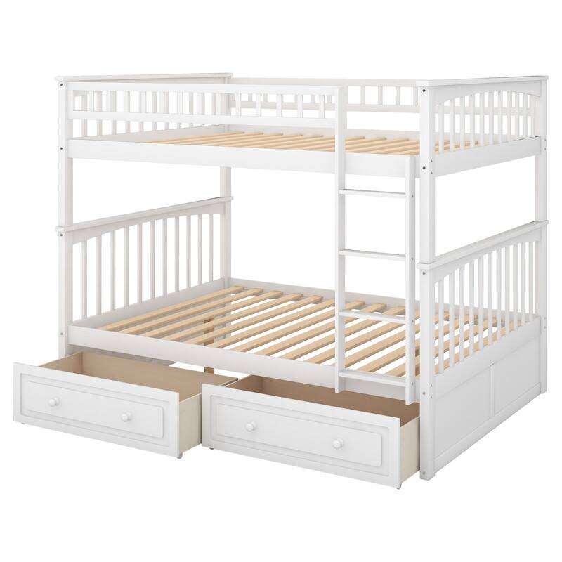 Full over Full Wooden Bunk Bed with Drawers, Convertible Beds