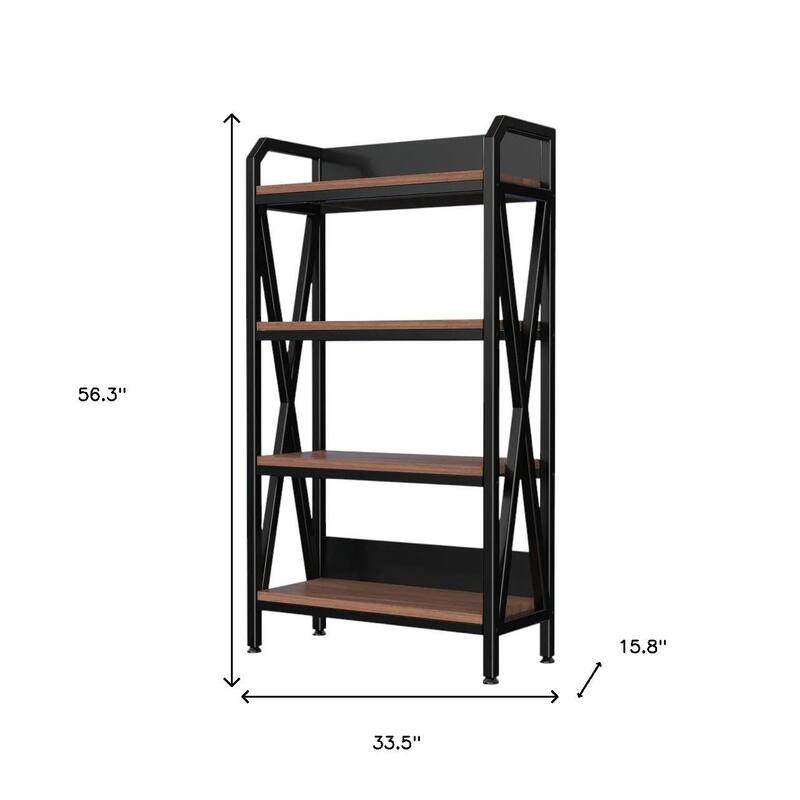HomeRoots 56" Black And Brown Metal and Wood Four Tier Etagere Bookcase