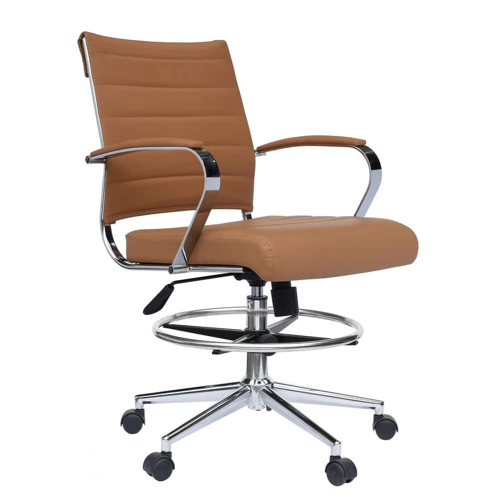 Swivel PU Leather Office Drafting Chair For Standing Table Mid-Back Ribbed Executive Ergonomic With Arms Wheels Task Computer