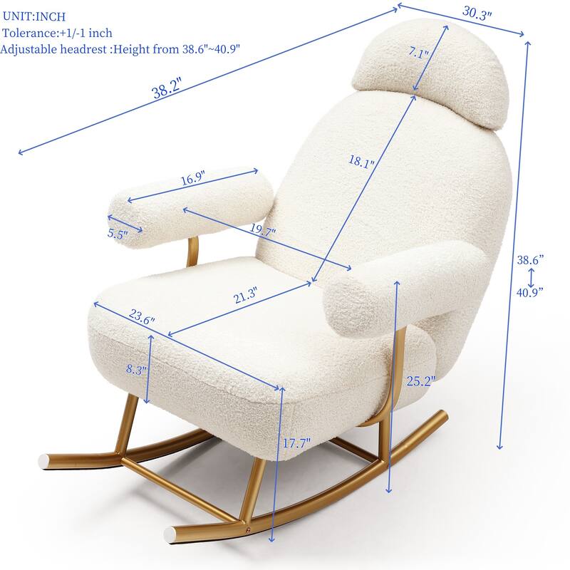 Modern Sherpa Fabric Nursery Rocking Chair, Comfy Armchair with Gold Metal Frame, for Nursery/Bedroom/Living Room/Office