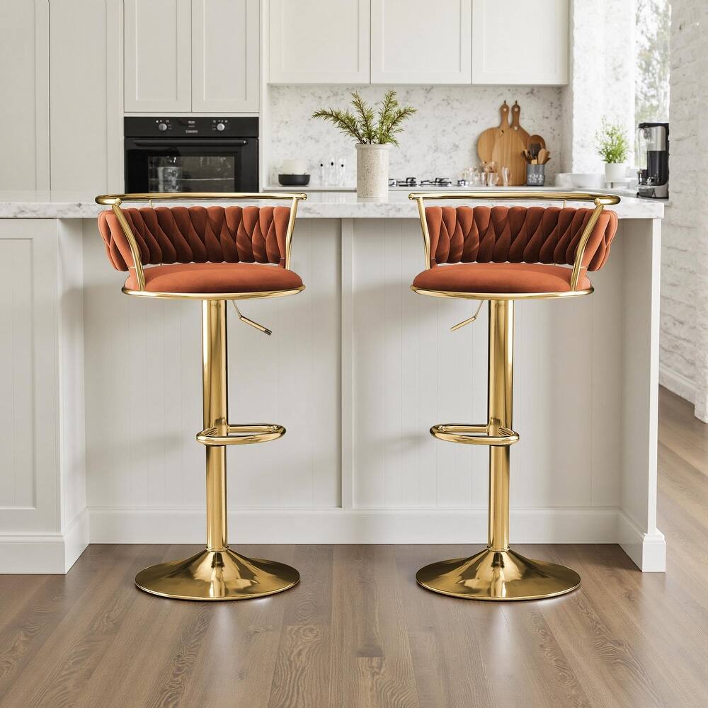 Velvet Upholstered Adjustable Bar Stool Swivel Counter Chair Set of 2