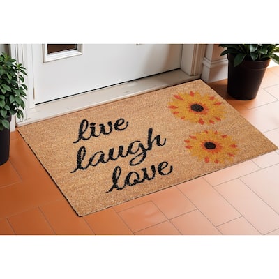 HomeRoots 17" X 29" Natural Yellow And Black Floral Live Love Laugh Outdoor Coir Door Mat - 17' X '29