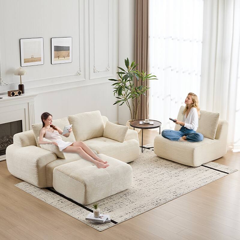 L Shaped Modular Sectional Sofa with Ottoman, Corduroy Upholstered Cloud Sofa, Compressed Sofa with Cushions & Throw Pillows