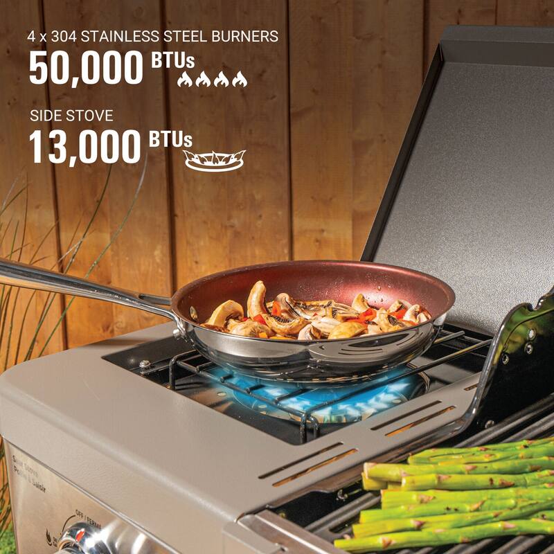 Coleman Revolution 4-Burner Gas BBQ Grill w/ Side Burner, 680-Sq. In. Total Cooking Surface, Flare-Free Grates, Stainless/Gray