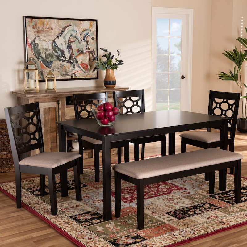 6-Piece Dining Set - Fabric Upholstered Chairs & Bench - Dark Brown Wood Table - Modern Dining Room Furniture