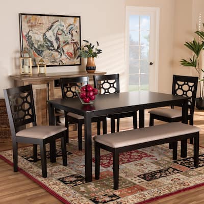 6-Piece Dining Set - Fabric Upholstered Chairs & Bench - Dark Brown Wood Table - Modern Dining Room Furniture