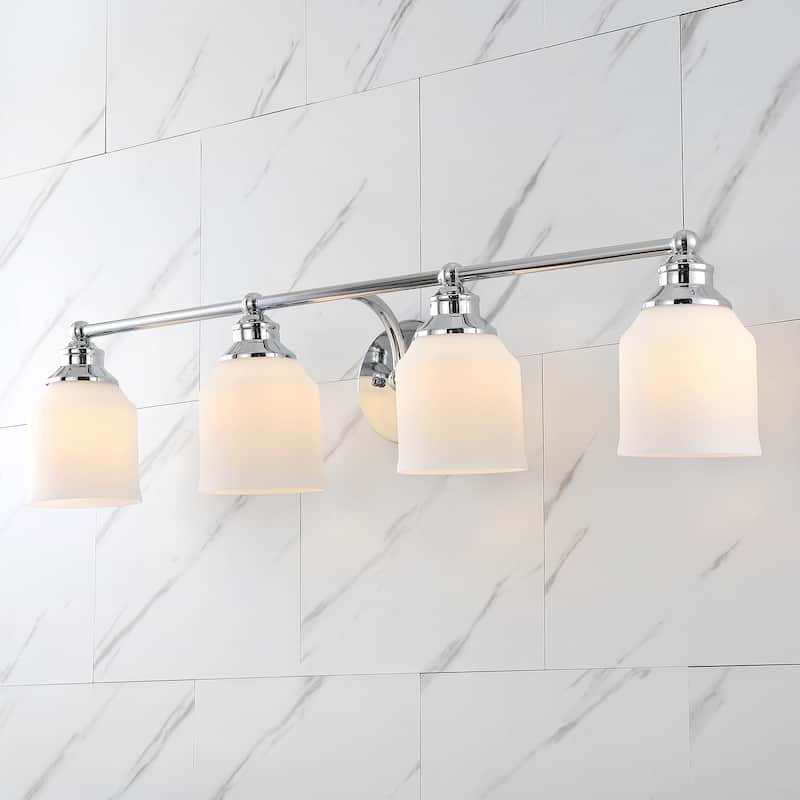 Jayne Iron/Frosted Glass Farmhouse Cottage LED Vanity Light, by JONATHAN Y - 4-Light