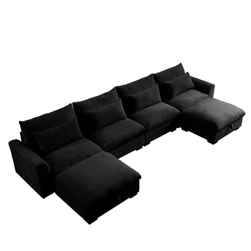 GDFStudio - Winslow Corduroy 4 Seater Sofa Couch with 2 Storage Ottomans and Pillows