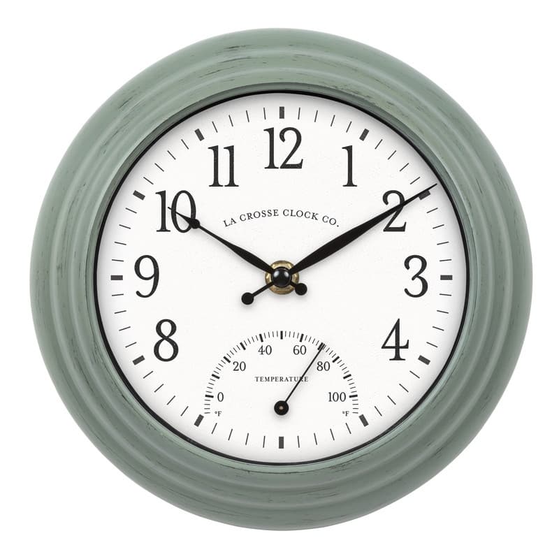 La Crosse Clock 8 In. Outdoor Sage Green Quartz Clock w/ Temp