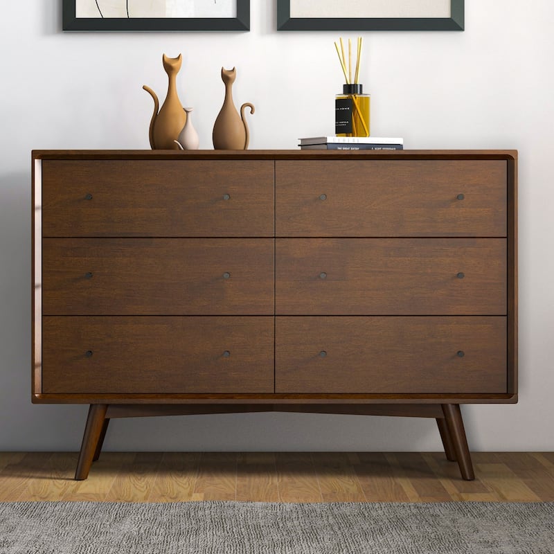 GDFStudio - Caroline Mid-Century Modern 6-Drawer Dresser with Tapered Solid Wood Legs - Brown