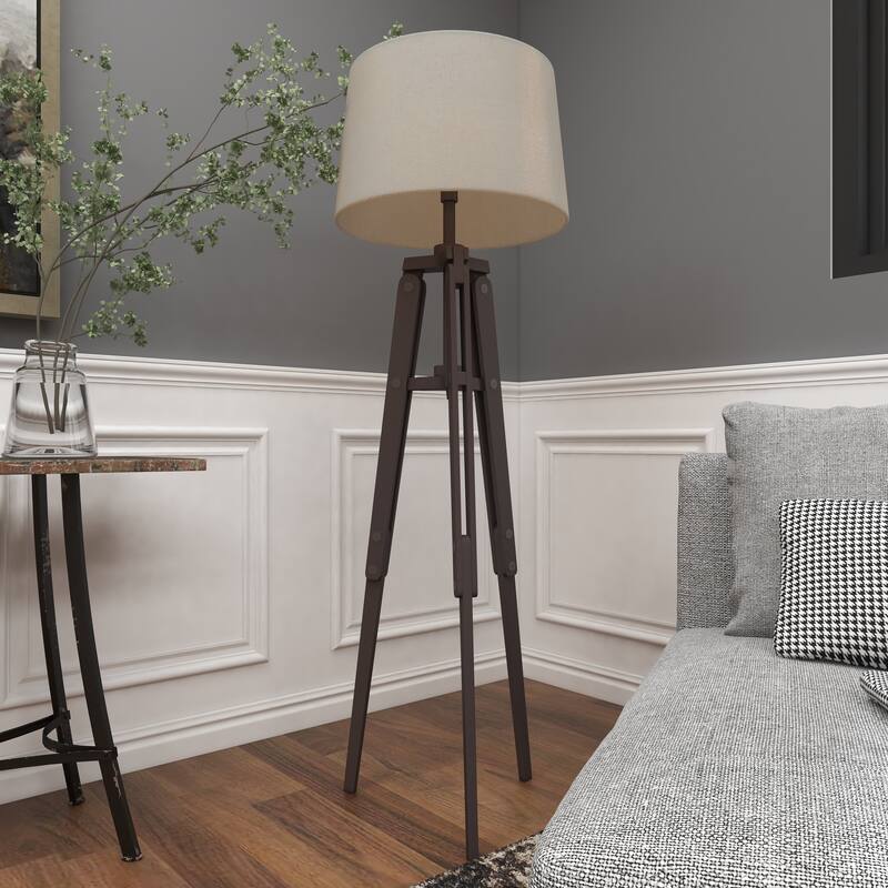 Black Wood Tripod Room Floor Lamp with Cream Linen Shade