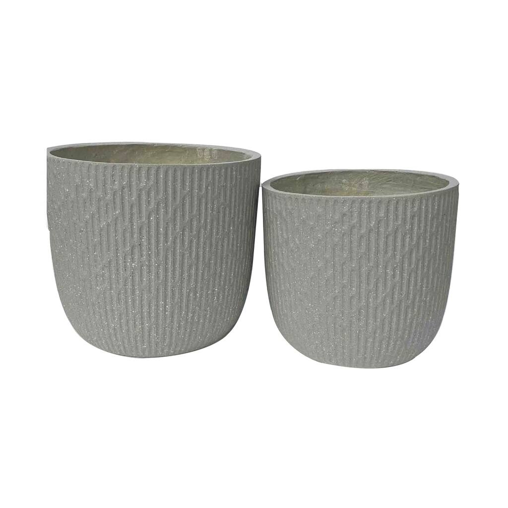 14 Inch Planter Set of 2, Drum Shape, Engraved Design, Textured Green