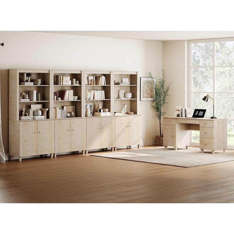 WAMPAT Home Office Furniture Set, 58" Executive Desk with Cabinet, 4-Column 71" Tall Bookcase with Doors and Adjustable Shelves - Natural Oak
