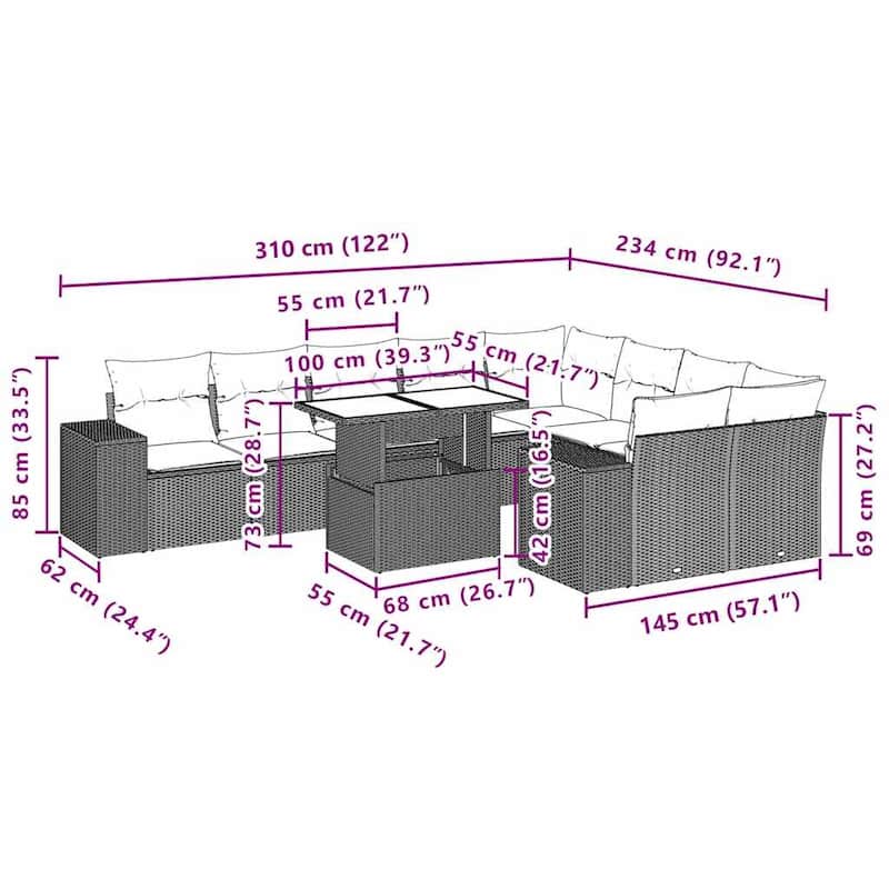 vidaXL Patio Sofa Set with Cushions Table and Couches 10 Piece Poly Rattan - 24.4" x 24.4" x 27.2"