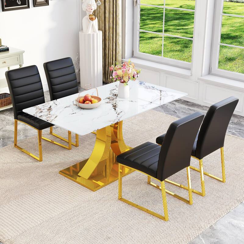 5-Piece Marble Pattern Tempered Glass Dining Set, 63-Inch Table with 4 Minimalist Chairs, Modern Style