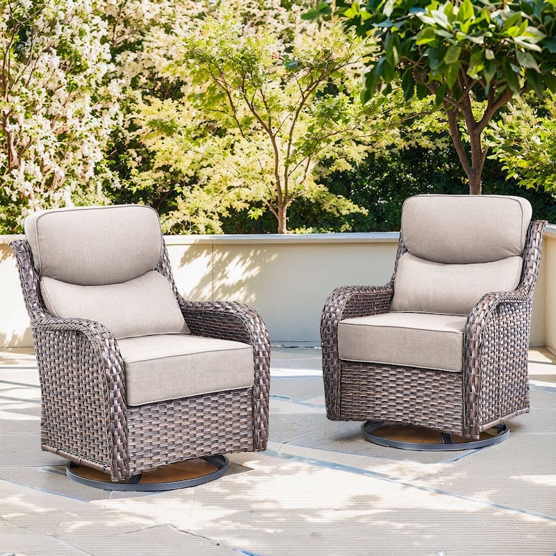 Pocassy Patio Furniture Set with Swivel Chairs, All Weather Patio Wicker - Brwon Wicker Beige Cushion - 2PCS Swivel Chair