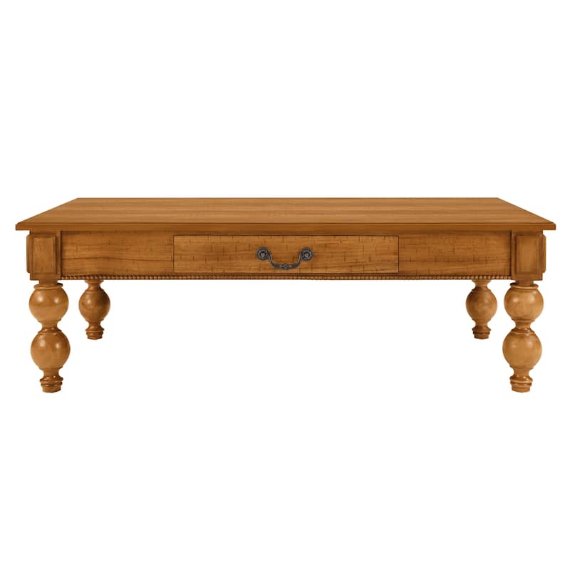 Vintage Cocktail Table Rectangular Wooden Coffee Table with Storage Drawer, Gourd-Shaped Legs and Zinc Alloy Handle