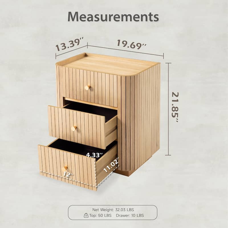 COZAYH Modern Farmhouse 3-Drawer Nightstand with Vertical Wood Slats, Curved Edge, Metal Handles, Tray Top. Fully Assembled