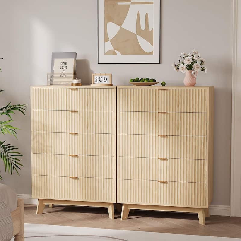 Mid-Century Fluted 3/4/5-Drawer Dresser, Natural Wood Chest of Drawers