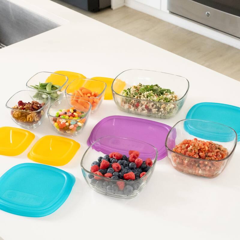 Libbey Serve It 14-Piece Glass Storage Container Set with 2-Cup, 6-Cup, and 8-Cup Bowls and Multi-Color Lids - Set of 14