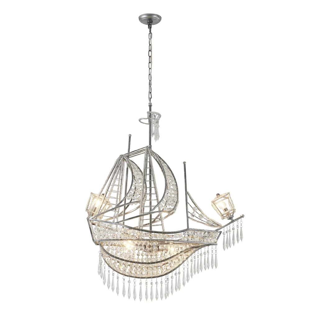 4-Light Antique Silver Sail Boat Chandelier With Clear Crystal Accents
