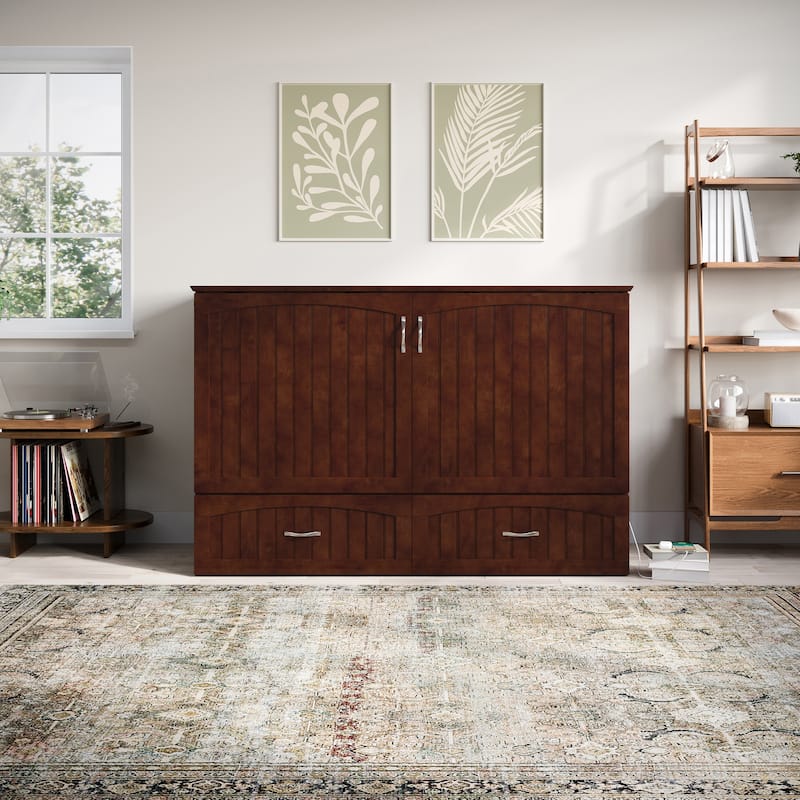 Aspen Queen Murphy Bed Chest with 6" Mattress, Storage Drawer & Built-In Charger in Walnut