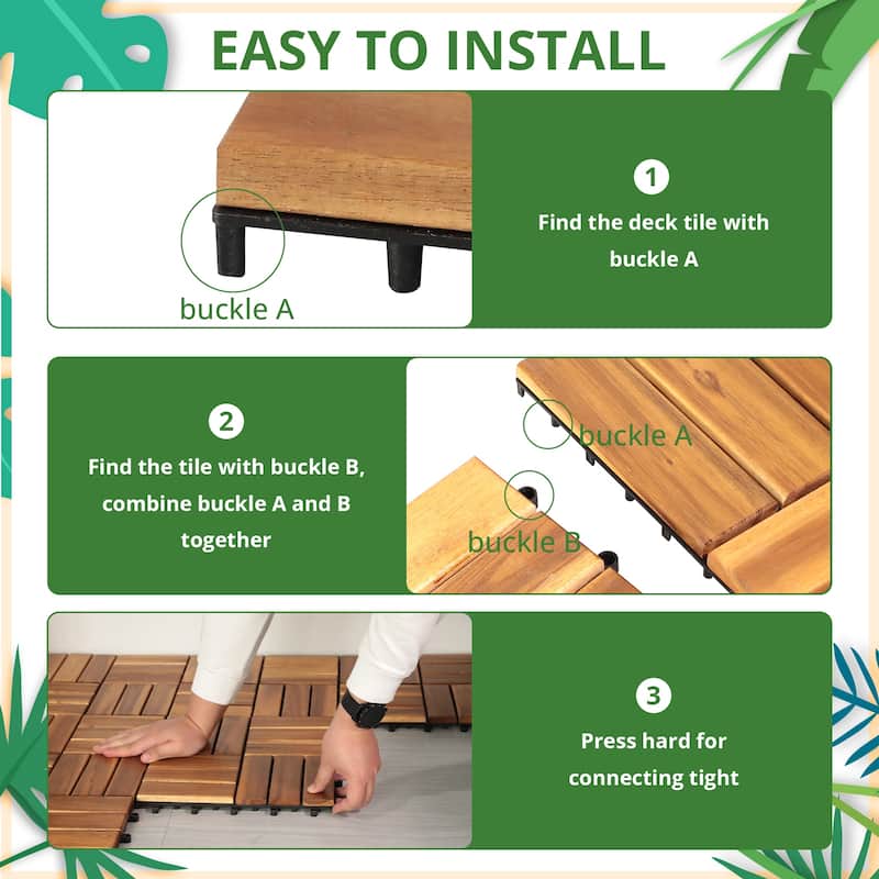 12 x 12 Inch Solid Wood Acacia Interlocking Flooring Tiles, Mosaic Pattern Patio Deck Tiles (Natural Color, 12 Slats)