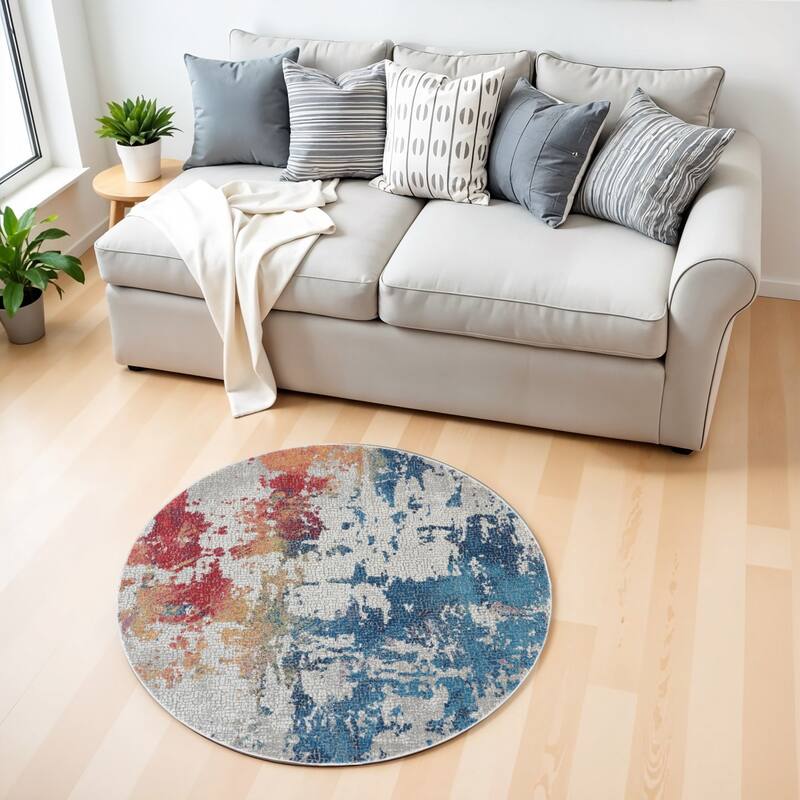 Bufo Power Loomed Distressed Geometric Abstract Modern Non Skid Area Rug By HomeRoots - 48' X '48' X '0.5 - 48' X '48' X '0.5 - Oxford Blue - Round