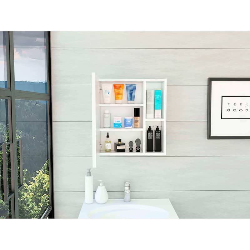Medicine Cabinet - 17.7" W, 19" H, Mirror Door, 3 Interior Shelves, 2 Open Shelves, Wall-Mounted Storage