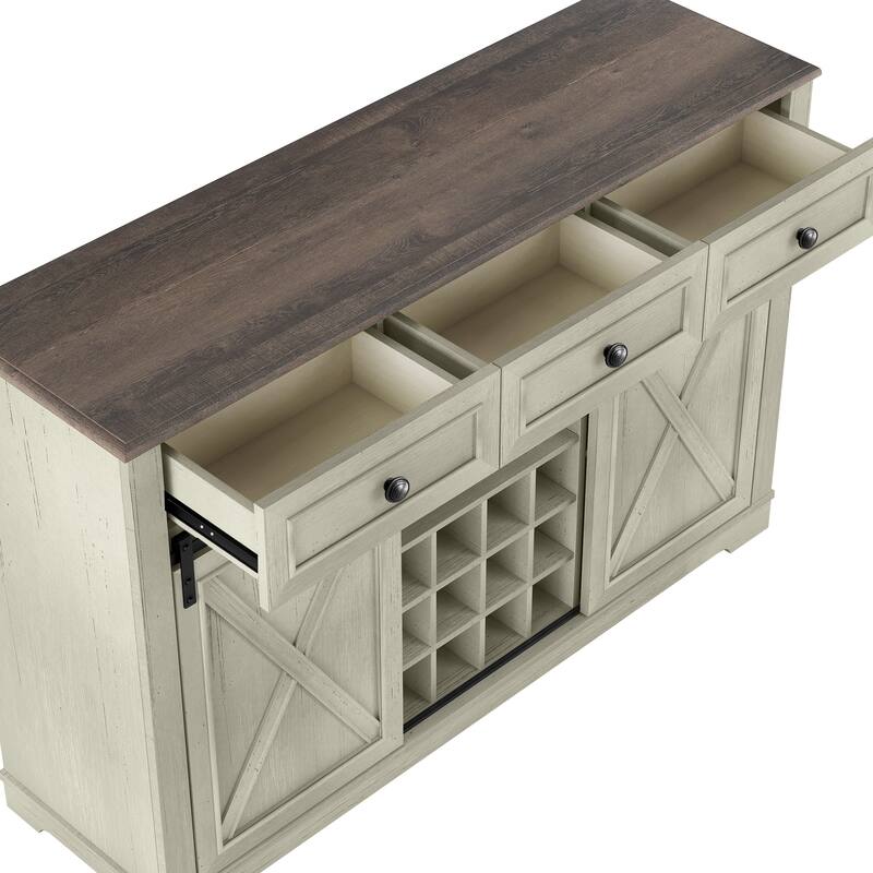 54" Farm Style Wood Buffet Bar Cabinet w/Wine & Glass Rack
