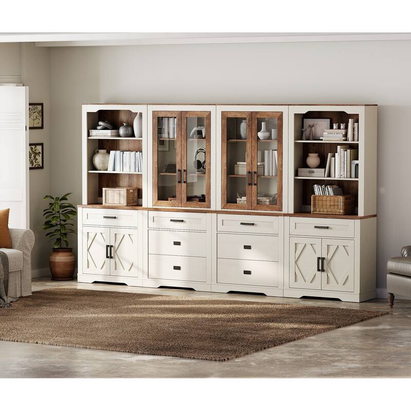 5 Tier Multi--Column Bookshelf Set with Open Storage and Glass Doors