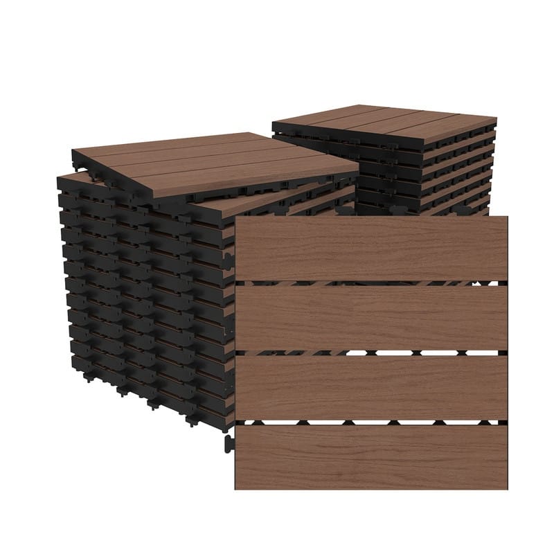 Domi 12" x 12" HDPE Plastic Resin Interlocking Deck Tiles, Waterproof Outdoor Patio Flooring with Drainage Design - 27-Piece - Brown