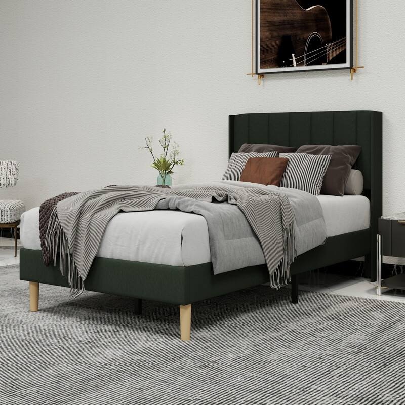 Caxkun Upholstered Platform Bed Frame with Wingback headboard - Black - Twin