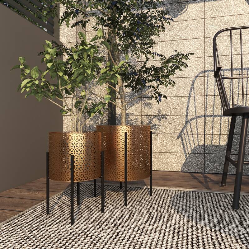Gold or Black Iron Metal Contemporary Floral Pattern Planter (Set 2)