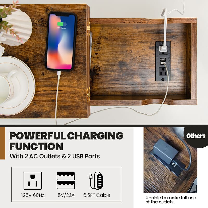 Gymax 2PCS End Table Charging Station Industrial Nightstand Flip Top