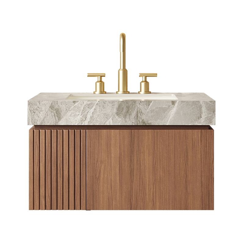 Floating Bathroom Vanity with Sintered Stone Top & Undermount Ceramic Basin with Three Pre-drilled Faucet Holes