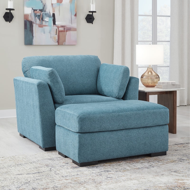 Roundhill Furniture Clareen 2-Piece Living Room Set, Cutler Chair and Ottoman - Blue