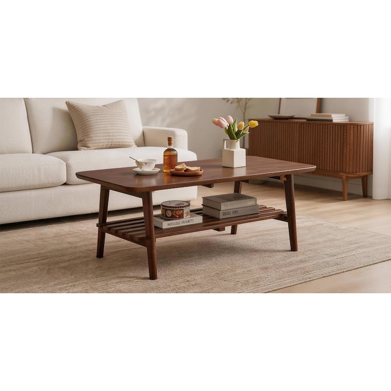 Wooden Coffee Table with Storage Shelf, Mid-Century Rectangular Center Table for Living Room,Walnut Brown
